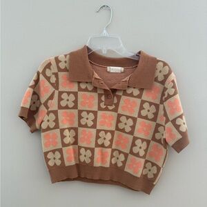 Floral Patterned cropped Polo Shirt - Brown and Pink